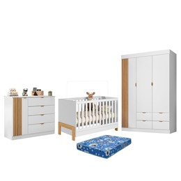 Dormitório Infantil Ayla Guarda Roupa, Cômoda e Berço Branco Acetinado com Colchão Physical - Phoenix Baby