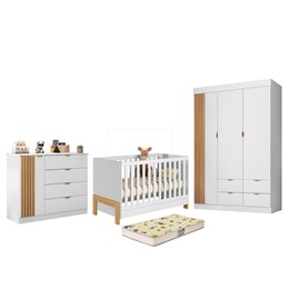 Dormitório Infantil Ayla Guarda Roupa, Cômoda e Berço Branco Acetinado com Colchão Supreme - Phoenix Baby