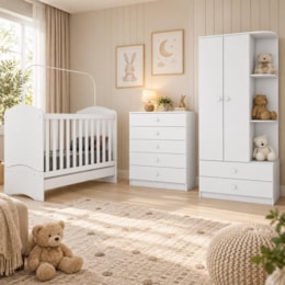 Dormitório Infantil Bala de Menta com Guarda Roupa, Cômoda e Berço Branco - Móveis Henn