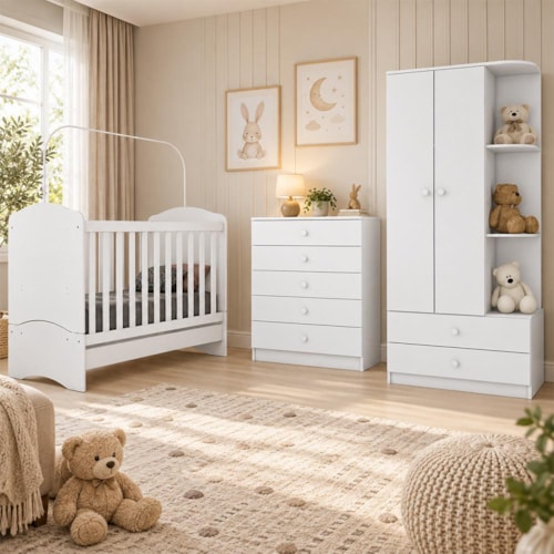 Dormitório Infantil Bala de Menta com Guarda Roupa, Cômoda e Berço Branco - Móveis Henn