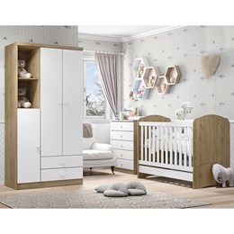 Dormitório Infantil Bala de Menta com Guarda Roupa, Cômoda e Berço Rústico/Branco - Móveis Henn 