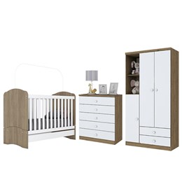 Dormitório Infantil Bala de Menta com Guarda Roupa, Cômoda e Berço Rústico/Branco - Móveis Henn 