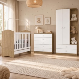 Dormitório Infantil Bala de Menta com Guarda Roupa, Cômoda e Berço Rústico/Branco - Móveis Henn