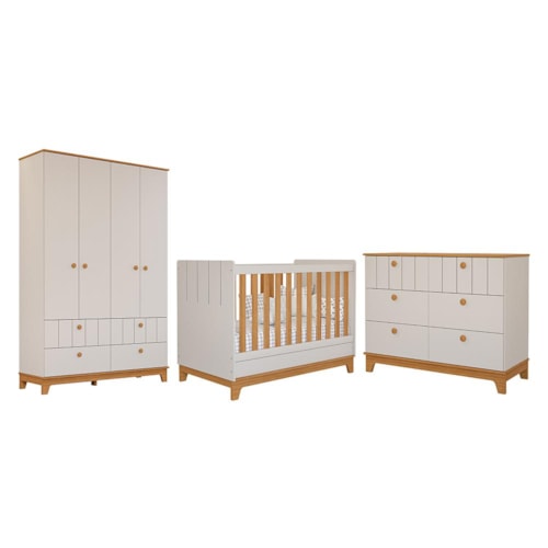 Dormitório Infantil Biscoito Guarda Roupa, Cômoda e Berço Off White/Nature - Permóbili Baby
