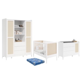 Dormitório Infantil Brisa Guarda Roupa, Cômoda 1 Porta e Berço Branco Fosco com Colchão Baby Physical - Reller Móveis