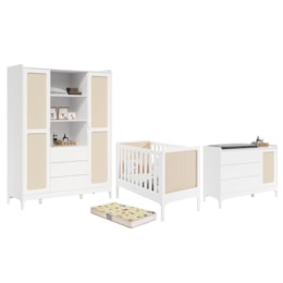 Dormitório Infantil Brisa Guarda Roupa, Cômoda 1 Porta e Berço Branco Fosco com Colchão Supreme - Reller Móveis