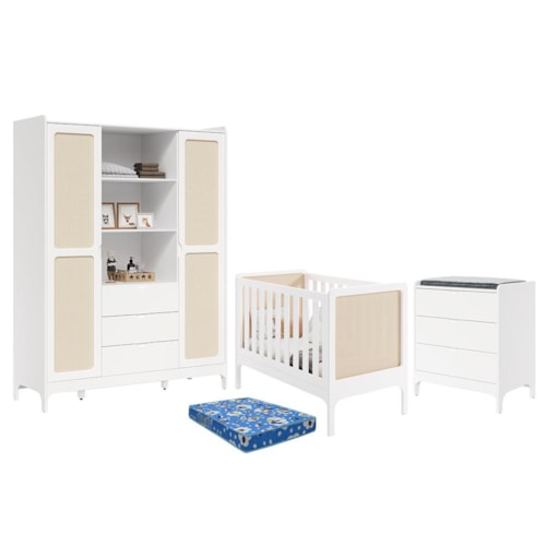 Dormitório Infantil Brisa Guarda Roupa, Cômoda 3 Gavetas e Berço Branco Fosco com Colchão Baby Physical - Reller Móveis