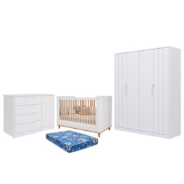 Dormitório Infantil Caramelo Guarda Roupa, Cômoda 1 Porta e Berço Branco Acetinado com Colchão Physical - Permóbili Baby