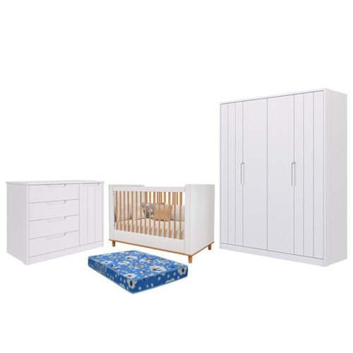Dormitório Infantil Caramelo Guarda Roupa, Cômoda 1 Porta e Berço Branco Acetinado com Colchão Physical - Permóbili Baby