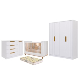 Dormitório Infantil Caramelo Guarda Roupa, Cômoda 1 Porta e Berço Branco Acetinado/Nature com Colchão Supreme - Permóbili Baby