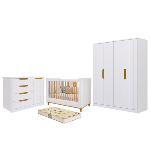 Dormitório Infantil Caramelo Guarda Roupa, Cômoda 1 Porta e Berço Branco Acetinado/Nature com Colchão Supreme - Permóbili Baby