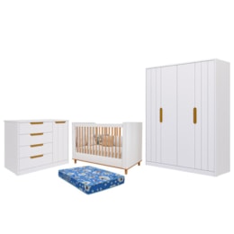 Dormitório Infantil Caramelo Guarda Roupa, Cômoda 1 Porta e Berço Branco Acetinado/Nature com Colchão Physical - Permóbili Baby Dormitório Infantil Caramelo Guarda Roupa, Cômoda 1 Porta e Berço Branco Acetinado/Nature com Colchão Physical - Permóbili Baby