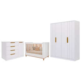 Dormitório Infantil Caramelo Guarda Roupa, Cômoda 1 Porta e Berço Branco Acetinado/Nature - Permóbili Baby