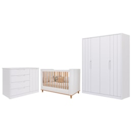 Dormitório Infantil Caramelo Guarda Roupa, Cômoda 1 Porta e Berço Branco Acetinado - Permóbili Baby