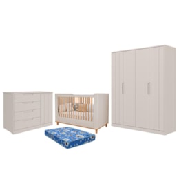 Dormitório Infantil Caramelo Guarda Roupa, Cômoda 1 Porta e Berço Off White com Colchão Physical - Permóbili Baby