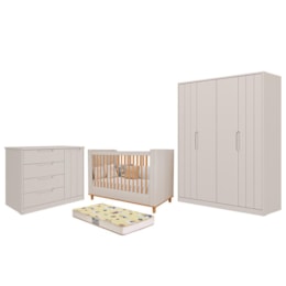 Dormitório Infantil Caramelo Guarda Roupa, Cômoda 1 Porta e Berço Off White com Colchão Supreme - Permóbili Baby