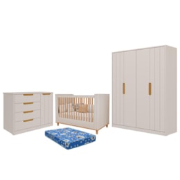 Dormitório Infantil Caramelo Guarda Roupa, Cômoda 1 Porta e Berço Off White/Nature com Colchão Physical - Permóbili Baby