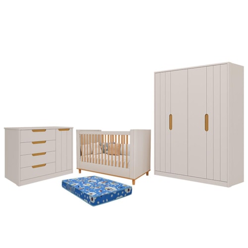 Dormitório Infantil Caramelo Guarda Roupa, Cômoda 1 Porta e Berço Off White/Nature com Colchão Physical - Permóbili Baby