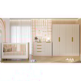 Dormitório Infantil Caramelo Guarda Roupa, Cômoda 1 Porta e Berço Off White/Nature com Colchão Supreme - Permóbili Baby