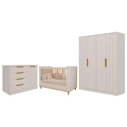 Dormitório Infantil Caramelo Guarda Roupa, Cômoda 1 Porta e Berço Off White/Nature - Permóbili Baby