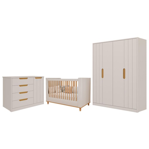 Dormitório Infantil Caramelo Guarda Roupa, Cômoda 1 Porta e Berço Off White/Nature - Permóbili Baby