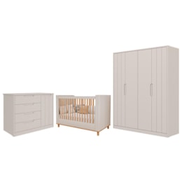 Dormitório Infantil Caramelo Guarda Roupa, Cômoda 1 Porta e Berço Off White - Permóbili Baby