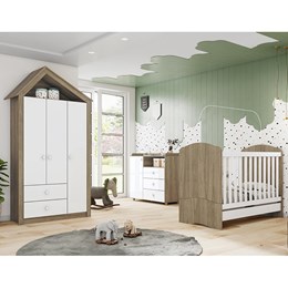 Dormitório Infantil Casinha com Guarda Roupa, Cômoda, Berço Rústico/Branco e Colchão - Móveis Henn 