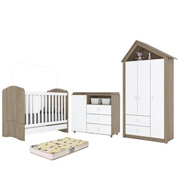 Dormitório Infantil Casinha com Guarda Roupa, Cômoda, Berço Rústico/Branco e Colchão - Móveis Henn 