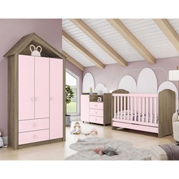 Dormitório Infantil Casinha com Guarda Roupa, Cômoda e Berço Rústico/Rosa Chá - Móveis Henn 