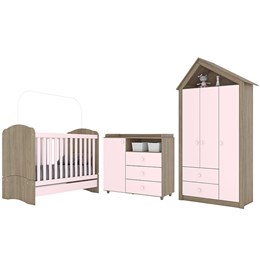 Dormitório Infantil Casinha com Guarda Roupa, Cômoda e Berço Rústico/Rosa Chá - Móveis Henn 