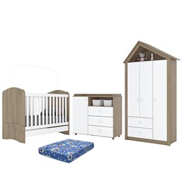 Dormitório Infantil Casinha Guarda Roupa, Cômoda e Berço Rústico/Branco com Colchão - Móveis Henn 