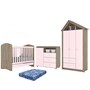Dormitório Infantil Casinha Guarda Roupa, Cômoda e Berço Rústico/Rosa Chá com Colchão - Móveis Henn 