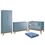 Dormitório Infantil Classic 2 Portas, Cômoda 1 Porta, Berço Azul Fosco com Pés Amadeirado e Colchão - Reller Móveis