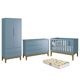 Dormitório Infantil Classic 2 Portas, Cômoda 1 Porta, Berço Azul Fosco com Pés Amadeirado e Colchão D18 - Reller Móveis