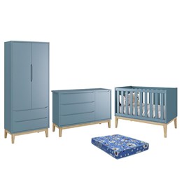 Dormitório Infantil Classic 2 Portas, Cômoda 1 Porta, Berço Azul Fosco com Pés Madeira Natural e Colchão - Reller Móveis 