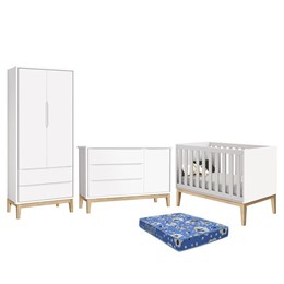 Dormitório Infantil Classic 2 Portas, Cômoda 1 Porta, Berço Branco Fosco com Pés Madeira Natural e Colchão - Reller Móveis 