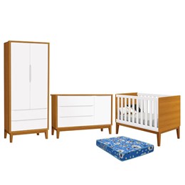 Dormitório Infantil Classic 2 Portas, Cômoda 1 Porta, Berço Branco/Savana com Pés Amadeirado e Colchão - Reller Móveis