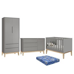 Dormitório Infantil Classic 2 Portas, Cômoda 1 Porta, Berço Cinza Fosco com Pés Madeira Natural e Colchão - Reller Móveis 