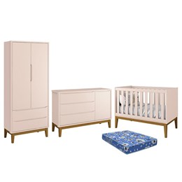 Dormitório Infantil Classic 2 Portas, Cômoda 1 Porta, Berço Rosa Fosco com Pés Amadeirado e Colchão - Reller Móveis