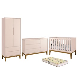 Dormitório Infantil Classic 2 Portas, Cômoda 1 Porta, Berço Rosa Fosco com Pés Amadeirado e Colchão D18 - Reller Móveis