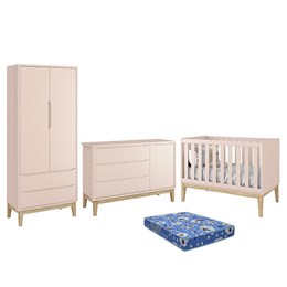 Dormitório Infantil Classic 2 Portas, Cômoda 1 Porta, Berço Rosa Fosco com Pés Madeira Natural e Colchão - Reller Móveis 