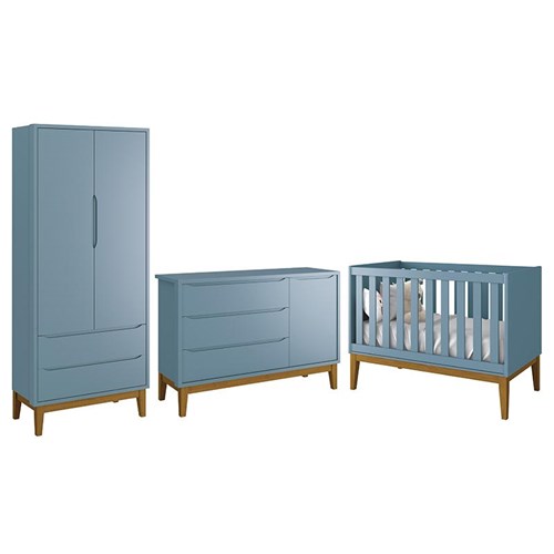 Dormitório Infantil Classic 2 Portas, Cômoda 1 Porta e Berço Azul Fosco com Pés Amadeirado - Reller Móveis