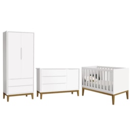 Dormitório Infantil Classic 2 Portas, Cômoda 1 Porta e Berço Branco Fosco com Pés Amadeirado - Reller Móveis Dormitório Infantil Classic 2 Portas, Cômoda 1 Porta e Berço Branco Fosco com Pés Amadeirado - Reller Móveis