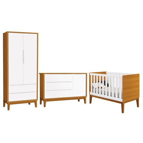 Dormitório Infantil Classic 2 Portas, Cômoda 1 Porta e Berço Branco/Savana com Pés Amadeirado - Reller Móveis