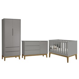 Dormitório Infantil Classic 2 Portas, Cômoda 1 Porta e Berço Cinza Fosco com Pés Amadeirado - Reller Móveis
