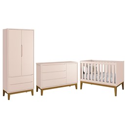 Dormitório Infantil Classic 2 Portas, Cômoda 1 Porta e Berço Rosa Fosco com Pés Amadeirado - Reller Móveis