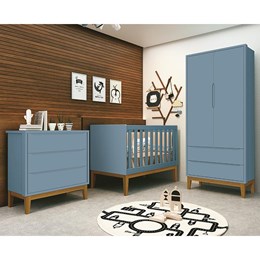 Dormitório Infantil Classic 2 Portas, Cômoda 3 Gavetas, Berço Azul Fosco com Pés Amadeirado e Colchão - Reller Móveis