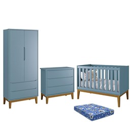 Dormitório Infantil Classic 2 Portas, Cômoda 3 Gavetas, Berço Azul Fosco com Pés Amadeirado e Colchão - Reller Móveis