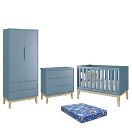Dormitório Infantil Classic 2 Portas, Cômoda 3 Gavetas, Berço Azul Fosco com Pés Madeira Natural e Colchão - Reller Móveis 