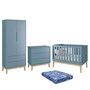 Dormitório Infantil Classic 2 Portas, Cômoda 3 Gavetas, Berço Azul Fosco com Pés Madeira Natural e Colchão - Reller Móveis 